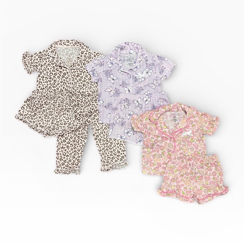 Bundle of Three Baby Girl Pajamas - Leopard, Butterfly, Floral size 12M